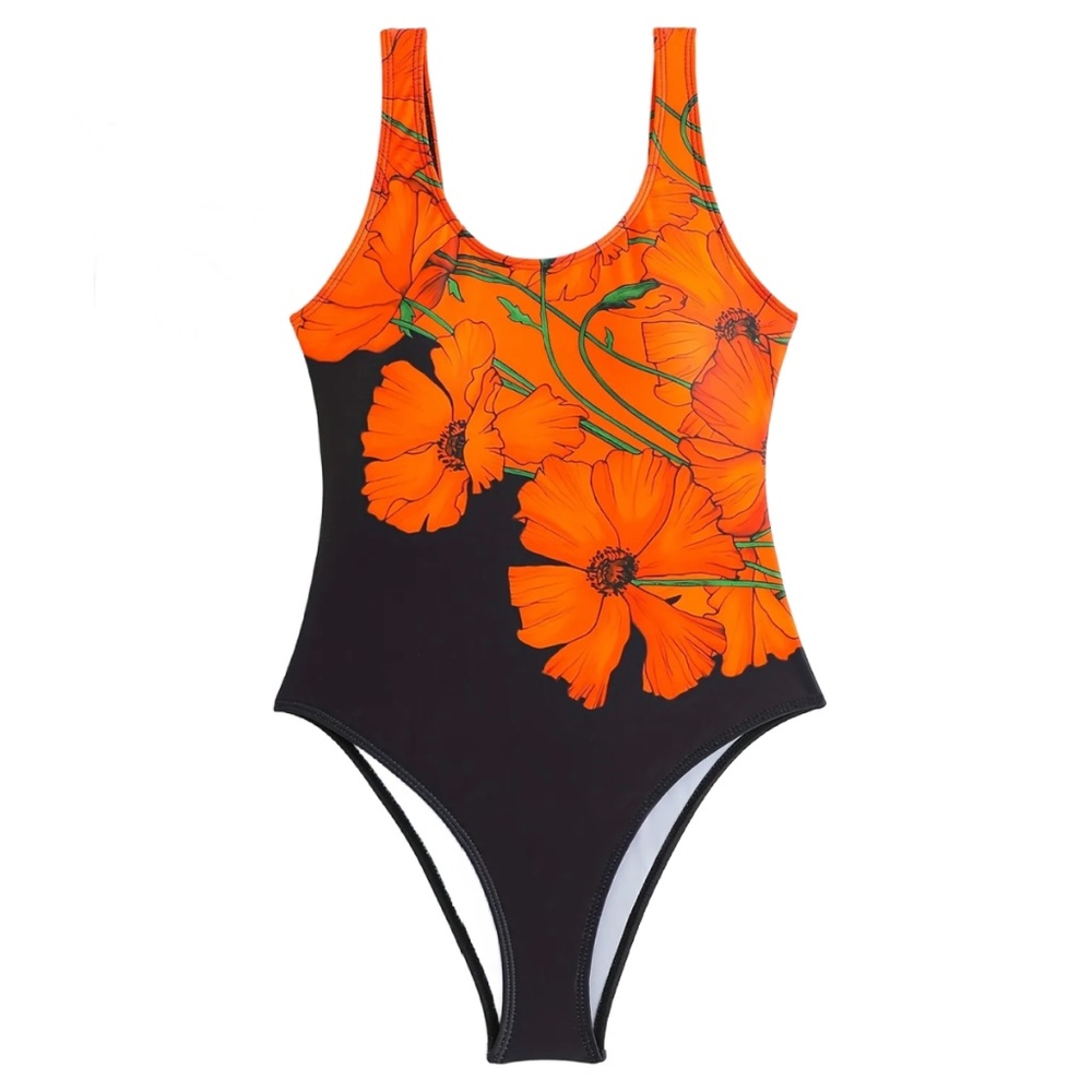 Orange Floral One-Piece Swimsuit Swimwear New